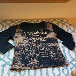 Lapis Navy and Beige Floral elbow length Misses Top small w/tiny beads on front